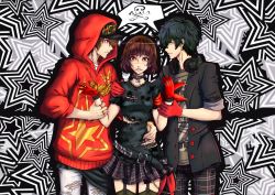 Rule 34 | &gt;:(, 10s, 1girl, 2boys, akechi gorou, amamiya ren, arm around shoulder, arm around waist, belt, black hair, blush, braid, brown hair, buttons, chain, choker, clenched teeth, cleopatrawolf, closed mouth, commentary, denim, earrings, embarrassed, eye contact, french braid, garter straps, gloves, gold chain, grabbing, grey eyes, hand on another&#039;s shoulder, hand on another&#039;s waist, hands up, hat, headphones, headphones around neck, hetero, highres, holding another&#039;s wrist, hood, hood up, hoodie, jacket, jeans, jewelry, lips, looking at another, looking at viewer, miniskirt, multiple boys, niijima makoto, open clothes, open jacket, pants, parted lips, pendant, persona, persona 5, persona 5: dancing star night, persona dancing, plaid, plaid pants, plaid skirt, red eyes, red gloves, ring, serious, shirt, short hair, short sleeves, skirt, skull, sleeves rolled up, standing, star (symbol), star print, sweat, teeth, thighhighs, torn clothes, torn jeans, torn pants, torn shirt, v-shaped eyebrows, wavy mouth, zettai ryouiki