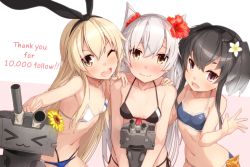 Rule 34 | 10s, 3girls, ;d, adapted costume, amatsukaze (kancolle), bikini, black bikini, black hair, blush, breasts, brown eyes, closed mouth, collarbone, fang, flat chest, flower, girl sandwich, hair flower, hair ornament, hair ribbon, hairband, halterneck, hand on another&#039;s shoulder, hat, hibiscus, highleg, highleg bikini, kantai collection, long hair, looking at viewer, mini hat, multi-strapped bikini bottom, multiple girls, navel, one eye closed, open mouth, outstretched hand, purple eyes, rensouhou-chan, rensouhou-kun, ribbon, sandwiched, shimakaze (kancolle), short hair with long locks, side-tie bikini bottom, small breasts, smile, sweat, swimsuit, takanashie, thank you, tokitsukaze (kancolle)
