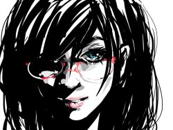 Rule 34 | 1girl, bad id, bad pixiv id, black hair, blue eyes, close-up, glasses, hair over one eye, lips, looking at viewer, original, portrait, red-framed eyewear, sketch, solo, white background, womu