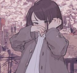 Rule 34 | 1girl, absurdres, blush, brown eyes, brown hair, closed mouth, collared shirt, commentary request, crying, grey jacket, highres, jacket, long sleeves, original, outdoors, rubbing eyes, shirt, sleeves past wrists, solo, tears, upper body, white shirt, wiping tears, yunoki itsugu