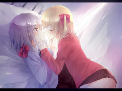Rule 34 | 2girls, alternate costume, ass, bad id, bad pixiv id, bed, blonde hair, border, bow, closed eyes, curtains, dutch angle, face-to-face, flandre scarlet, gradient background, hair bow, hair ornament, hair ribbon, hand on another&#039;s face, highres, hood, hoodie, imminent kiss, incest, long sleeves, looking at another, lying, miniskirt, multiple girls, no headwear, no wings, on back, on bed, open mouth, profile, red eyes, remilia scarlet, ribbon, sakuyunomi, short hair, side ponytail, skirt, sweater, thighhighs, touhou, white legwear, yuri