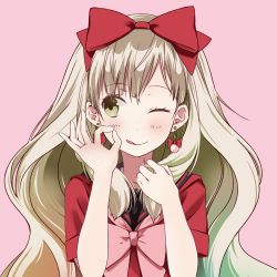 Rule 34 | 1girl, ;d, ;q, blonde hair, blush, bow, green eyes, hair bow, itto na kataomoi minoraseta chiisa na shiawase (vocaloid), long hair, lowres, mayu (vocaloid), ok sign, one eye closed, open mouth, pink background, smile, solo, tongue, tongue out, vocaloid, wink, wogura