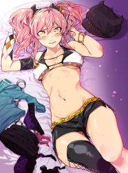 Rule 34 | 10s, 1girl, absurdres, arms up, bikini, bikini top only, black shorts, blush, bow, bra, breasts, unworn clothes, commentary request, hair bow, hat, highres, idolmaster, idolmaster cinderella girls, jougasaki mika, looking at viewer, lying, medium breasts, menea, midriff, navel, no panties, on back, panties, pillow, pink hair, pussy, pussy peek, short shorts, shorts, single thighhigh, solo, sweat, swimsuit, thighhighs, twintails, underwear, upshorts, wristband