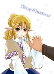 Rule 34 | 1boy, 1girl, arm warmers, blonde hair, blush, brown jacket, closed mouth, commentary request, cowboy shot, green eyes, half updo, hetero, holding hands, interlocked fingers, jacket, long sleeves, looking at viewer, medium hair, merry christmas, mizuhashi parsee, multicolored clothes, multicolored jacket, pointy ears, pov, pov hands, sash, scarf, short ponytail, short sleeves, solo focus, star (symbol), touhou, white sash, white scarf, yotsuba yuiko