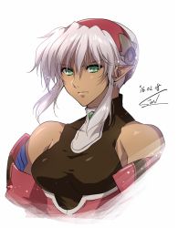 Rule 34 | 1girl, breasts, closed mouth, dark-skinned female, dark skin, dominia yizkor, green eyes, hairband, looking at viewer, pointy ears, short hair, silver hair, simple background, sion (laterna magica), solo, white background, xenogears