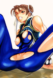 Rule 34 | 1990s (style), 1girl, arms behind back, bodysuit, bracelet, breasts, brown eyes, brown hair, capcom, censored, chinese clothes, chun-li, clenched teeth, double bun, hair ribbon, jewelry, one eye closed, pussy, retro artstyle, ribbon, sitting, solo, spread legs, street fighter, street fighter zero (series), teeth, torn clothes, wink