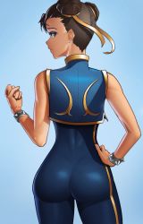 Rule 34 | 1girl, absurdres, ass, blouse, blue background, bracelet, brown eyes, brown hair, capcom, chun-li, clenched hand, closed mouth, clothing request, cowboy shot, double bun, from behind, hair bun, hair ribbon, hand on own hip, highres, jewelry, lem, looking back, ribbon, shirt, short hair, simple background, sleeveless, sleeveless shirt, solo, spiked bracelet, spikes, street fighter, street fighter ii (series), yellow ribbon