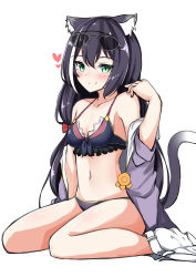 Rule 34 | 1girl, absurdres, animal ear fluff, animal ears, bikini, black bikini, black hair, blush, breasts, cat ears, cat girl, cat tail, closed mouth, collarbone, eyewear on head, green eyes, grey-framed eyewear, hair between eyes, hand up, heart, highres, jacket, karyl (princess connect!), karyl (summer) (princess connect!), kneeling, long hair, moyoron, multicolored hair, navel, off shoulder, open clothes, open jacket, princess connect!, purple jacket, short shorts, shorts, shorts around one leg, simple background, sitting, small breasts, smile, solo, split mouth, streaked hair, sunglasses, swimsuit, tail, very long hair, wariza, white background, white hair, white shorts