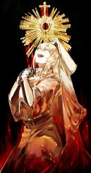 Rule 34 | 1girl, armor, black background, blonde hair, braid, cape, cross, closed eyes, gold, highres, hood, long hair, open mouth, own hands together, pixiv fantasia, pixiv fantasia fallen kings, solo, wide sleeves