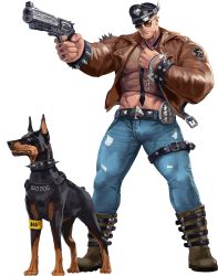 Rule 34 | 1boy, aiming, alternate costume, artist request, bara, beard, biceps, blonde hair, boots, chest plate, collar, collared jacket, crop top, crotchless, cuffs, denim, dog, explosive, facial hair, finger tattoo, fishnets, glasses, grenade, gun, gyee, handcuffs, handgun, hat, highres, jacket, jeans, leather, leather belt, leather boots, leather jacket, leg belt, male focus, manly, mature male, muscular, muscular male, navel, official art, open clothes, open jacket, pants, police hat, revolver, santos (gyee), short hair, spade (shape), spiked collar, spiked jacket, spikes, tattoo, thick arms, thick thighs, thighs, tight clothes, transparent background, unzipped, weapon