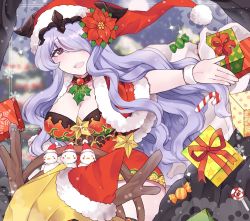 Rule 34 | 1girl, antlers, bad id, bad twitter id, box, breasts, camilla (fire emblem), candy, candy cane, choker, cleavage, fire emblem, fire emblem fates, flower, food, fur trim, gift, gift box, hair flower, hair ornament, hair over one eye, hat, horns, large breasts, lollipop, long hair, nintendo, open mouth, plushcharm, pom pom (clothes), purple eyes, purple hair, red hat, reindeer antlers, santa costume, santa hat, snowflakes, solo, thighhighs, tiara, twitter username, wavy hair, wristband