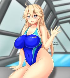 Rule 34 | 1girl, blonde hair, blue eyes, blue one-piece swimsuit, breasts, competition swimsuit, dated, highleg, highleg swimsuit, highres, impossible clothes, impossible swimsuit, iowa (kancolle), kantai collection, large breasts, long hair, looking at viewer, montemasa, multicolored clothes, multicolored swimsuit, one-piece swimsuit, pool, rei no pool, star-shaped pupils, star (symbol), swimsuit, symbol-shaped pupils, twitter username, waving