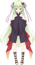 Rule 34 | 1girl, :o, blunt bangs, butterfly hair ornament, feet, floral print, full body, green hair, hair ornament, hair ribbon, halterneck, highres, jitome, kobuichi, long hair, looking at viewer, murasame (senren), official art, red eyes, ribbon, senren banka, shoes, sleeves past wrists, solo, straight-on, toeless footwear, toes, transparent background, two side up, very long hair