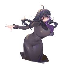 Rule 34 | 1girl, @ @, absurdres, ahoge, alternate breast size, black hair, breasts, closed mouth, commentary request, creatures (company), dachiarai, dress, eyelashes, game freak, gloves, hair between eyes, hairband, head rest, hex maniac (pokemon), highres, leaning forward, long hair, long sleeves, looking at viewer, nail polish, nintendo, outstretched arm, pokemon, pokemon xy, purple gloves, purple hairband, purple nails, shaded face, shiny clothes, simple background, single glove, solo, spread fingers, white background