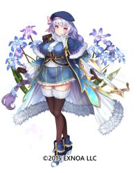 Rule 34 | 1girl, beret, black gloves, black thighhighs, blue capelet, blue coat, blue dress, blue footwear, blue hat, bow, bow (weapon), braid, breasts, capelet, chionodoxa (flower knight girl), closed mouth, coat, commentary request, crossbow, dress, flower, flower knight girl, frilled skirt, frills, full body, gloves, gradient hair, grey hair, hat, hat bow, holding, holding weapon, large breasts, long hair, multicolored hair, name connection, object namesake, official art, pink bow, purple eyes, purple hair, shoes, simple background, single braid, skirt, smile, solo, split mouth, standing, thighhighs, usuki (graygreed), weapon, white background, zettai ryouiki