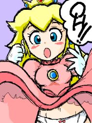 Rule 34 | 1girl, artist request, blonde hair, blue eyes, blush, breasts, crown, dress, earrings, elbow gloves, embarrassed, english text, gloves, jewelry, long hair, lowres, mario (series), nintendo, panties, pink dress, princess peach, small breasts, solo, surprised, surprised arms, underwear