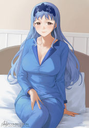 Rule 34 | 1girl, artist name, bed, bed frame, blue hair, blue hairband, blue pajamas, blue pants, blue shirt, breasts, brown eyes, cleavage, closed mouth, commission, fire emblem, fire emblem: three houses, hairband, highres, large breasts, long hair, marianne von edmund, nhaliz, nintendo, on bed, pajamas, pants, pillow, shirt, signature, sitting, sleepwear, smile, solo
