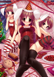 Rule 34 | 3girls, animal ears, bad id, bad pixiv id, black legwear, blush, bow, bowtie, breasts, brown eyes, caidychen, christmas, christmas tree, covered navel, feet, flat chest, flower, foreshortening, frilled legwear, frills, hair ornament, hat, heart, heart hair ornament, kneeling, large breasts, long hair, multiple girls, one-piece swimsuit, original, rabbit, rabbit ears, red theme, rose, school swimsuit, sitting, small breasts, striped clothes, striped legwear, striped thighhighs, stuffed animal, stuffed rabbit, stuffed toy, swimsuit, thighhighs