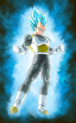 Rule 34 | 10s, 1boy, armor, aura, blue eyes, blue hair, boots, clenched hands, clenched teeth, dragon ball, dragon ball super, full body, gloves, highres, kamishima kanon, male focus, matching hair/eyes, muscular, solo, spiked hair, super saiyan, super saiyan blue, teeth, vegeta, white footwear, white gloves, widow&#039;s peak