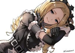 Rule 34 | 1girl, belt, black dress, black gloves, blonde hair, blue eyes, closed mouth, commentary, dress, drill hair, elbow gloves, english commentary, forehead, frills, gloves, high belt, long hair, lying, on side, overlord (maruyama), parted bangs, puffy short sleeves, puffy sleeves, short sleeves, simple background, smile, solo, solution epsilon, sunako (veera), twitter username, very long hair, white background, wrist cuffs