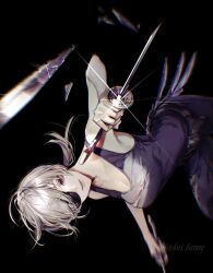 Rule 34 | 1girl, arms up, artist name, bare shoulders, belt, black background, black belt, black eyes, breasts, broken glass, chainsaw man, closed mouth, collarbone, eyepatch, glass, grey hair, hair between eyes, hands up, highres, holding, holding sword, holding weapon, katana, koshika rina, lips, looking at viewer, medium breasts, pants, purple pants, purple shirt, quanxi (chainsaw man), shirt, short hair, simple background, sleeveless, sleeveless shirt, solo, sparkle, standing, sword, t-shirt, watermark, weapon