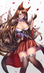 Rule 34 | 1girl, aiguillette, akagi (azur lane), animal ears, azur lane, blush, breasts, brown hair, brown thighhighs, cleavage, collarbone, cowboy shot, floating hair, fox ears, fox tail, gloves, gore (white gore), gradient background, hair in own mouth, hair ornament, half-closed eyes, hand up, head tilt, highres, japanese clothes, large breasts, long hair, looking at viewer, multiple tails, parted lips, partially fingerless gloves, petals, pleated skirt, red eyes, red skirt, sidelocks, simple background, skirt, sleeves past wrists, smile, solo, tail, tassel, thighhighs, thighs, wide sleeves, wind, wind lift
