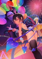 Rule 34 | 1girl, aerial fireworks, ahoge, alternate costume, animal ears, arm support, ass, asymmetrical wings, balloon, black hair, black leotard, black thighhighs, blue wings, blush, closed mouth, collar, commentary request, detached collar, dutch angle, fake animal ears, fake tail, feet out of frame, fireworks, fountain, hair between eyes, hair ornament, hat, unworn hat, unworn headwear, highres, holding, holding clothes, holding hat, houjuu nue, leotard, looking at viewer, looking back, nail polish, one eye closed, outdoors, playboy bunny, rabbit, rabbit ears, rabbit tail, railing, recare, red eyes, red wings, short hair, smile, solo, standing, strapless, strapless leotard, tail, thick thighs, thighhighs, thighs, top hat, touhou, white collar, wings, wrist cuffs, x hair ornament