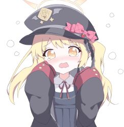 Rule 34 | 1girl, blonde hair, blue archive, blush, bow, dress, halo, hat, hat bow, highres, ibuki (blue archive), jacket, long hair, looking at viewer, military jacket, neck ribbon, oversized clothes, peaked cap, pointy ears, ribbon, ruutenitsu (tsuinteeru), shirt, side ponytail, simple background, solo, tearing up, wavy mouth, white background, white shirt, yellow eyes