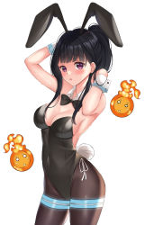 Rule 34 | 1girl, adapted costume, alternate costume, animal ears, bare shoulders, black bow, black bowtie, black pantyhose, blackheartxiii, blunt bangs, blush, bow, bowtie, breasts, cleavage, covered navel, cowboy shot, detached collar, en&#039;en no shouboutai, fake animal ears, fake tail, fire, glowing, hands in hair, highres, large breasts, leotard, looking at viewer, maki oze, medium hair, pantyhose, parted lips, playboy bunny, ponytail, purple eyes, rabbit ears, rabbit tail, sideboob, sidelocks, simple background, solo, sweat, tail, tareme, taut clothes, white background, wrist cuffs