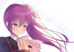 Rule 34 | 1girl, absurdres, ahoge, black jacket, blue eyes, bow, bowtie, closed mouth, collared shirt, crying, crying with eyes open, floating hair, hair between eyes, hair bobbles, hair ornament, hairclip, highres, jacket, little busters!, long hair, long sleeves, pink bow, pink bowtie, purple hair, rgrey00, saigusa haruka, school uniform, shirt, side ponytail, smile, solo, tears, upper body, very long hair, white background, white shirt, wing collar