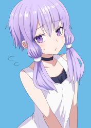 Rule 34 | 1girl, bare arms, bare shoulders, black choker, blue background, blush, choker, closed mouth, collarbone, commentary request, dress, flying sweatdrops, hair between eyes, highres, kakan (amka), long hair, looking at viewer, purple eyes, purple hair, simple background, sleeveless, sleeveless dress, solo, sweat, vocaloid, voiceroid, white dress, yuzuki yukari