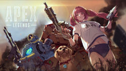 Rule 34 | 1boy, 1girl, apex legends, assault rifle, borrowed character, brown gloves, buruma, character name, copyright name, dog, elbow pads, fingerless gloves, floating hair, gloves, gun, gym costume, gym shirt, hemlock, holding, holding gun, holding weapon, humanoid robot, logo, looking up, navel, one-eyed, open hand, orange eyes, original, parted lips, passimo, pathfinder (apex legends), r-301 carbine, red eyes, red hair, rifle, robot, sample watermark, shirt, twintails, watermark, weapon