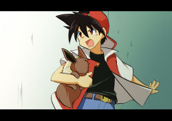 Rule 34 | 1boy, angry, bad id, bad pixiv id, baseball cap, black hair, creatures (company), denim, eevee, game freak, gen 1 pokemon, gradient background, hat, jacket, jeans, male focus, mato, nintendo, open mouth, pants, pokemon, pokemon (creature), pokemon adventures, pokemon special anime, popped collar, red (pokemon), red eyes, short sleeves, suika-tk