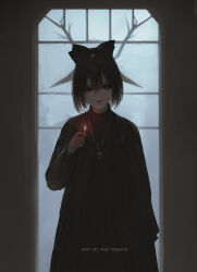 Rule 34 | 1girl, aoi ogata, artist name, black bow, black hair, black robe, bow, closed mouth, commentary, cross, english commentary, english text, fire, fire, hair between eyes, hair bow, highres, holding, indoors, jewelry, looking at viewer, matches, necklace, original, robe, short hair, solo, standing, window