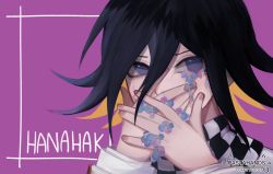 Rule 34 | 1boy, artist name, black hair, black scarf, blue flower, checkered clothes, checkered scarf, covering own mouth, danganronpa (series), danganronpa v3: killing harmony, flipped hair, flower, hair between eyes, highres, long sleeves, looking at viewer, male focus, oma kokichi, orange hair, pastahands, pink background, portrait, scarf, solo, white scarf