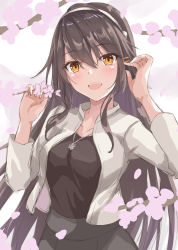 Rule 34 | 1girl, :d, anchor necklace, black hair, black shirt, breasts, brown eyes, cherry blossoms, commentary, flower, gensoukitan, grey skirt, hair between eyes, haruna (kancolle), highres, holding, holding flower, jacket, kantai collection, large breasts, long hair, looking at viewer, necklace, official alternate costume, open mouth, petals, shirt, skirt, smile, solo, unfinished, upper body, white jacket