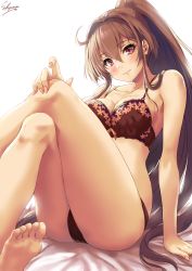 Rule 34 | 1girl, ahoge, arm support, ass, barefoot, bed sheet, blush, bra, breasts, brown bra, brown hair, brown panties, cleavage, closed mouth, collarbone, commentary request, feet, female focus, floral print, hair between eyes, hand on own knee, highres, kantai collection, large breasts, crossed legs, lips, long hair, looking at viewer, nail polish, no shoes, on bed, panties, pink nails, ponytail, purple eyes, sakiyamama, sideboob, sidelocks, signature, simple background, sitting, smile, solo, thighhighs, toes, underwear, underwear only, very long hair, white background, yamato (kancolle)