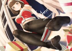 1girl absurdres brown_eyes brown_hair christmas feet hat highres looking_at_viewer maburoku medium_hair pantyhose santa_costume santa_hat smile soles toes window