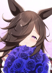 Rule 34 | 1girl, alternate costume, animal ears, black hair, blush, closed mouth, commentary request, flower, hair over one eye, highres, horse ears, horse girl, k0me, long hair, looking at viewer, no headwear, portrait, purple eyes, rice shower (umamusume), simple background, smile, solo, tears, umamusume