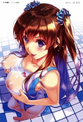Rule 34 | 1girl, :p, absurdres, blush, breast lift, breasts, brown hair, comic aun, competition swimsuit, copyright request, covered erect nipples, from above, highres, large breasts, looking at viewer, misaki kurehito, naughty face, nipples, one-piece swimsuit, perspective, purple eyes, scrunchie, see-through, grabbing own breast, solo, swimsuit, tile floor, tiles, tongue, tongue out, two side up