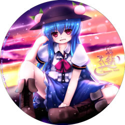 Rule 34 | 1girl, album cover, blue dress, blue hair, boots, cover, dress, female focus, food, fruit, gradient background, hat, hinanawi tenshi, long hair, open mouth, outdoors, peach, red eyes, sitting, sky, smile, solo, touhou, tsubasa (abchipika), white background