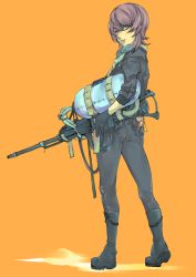 Rule 34 | androgynous, bad id, bad pixiv id, boots, flamethrower, from behind, gender request, gun, highres, original, shiro (reptil), simple background, solo, standing, weapon