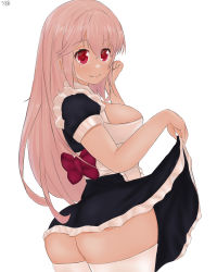 Rule 34 | 1girl, absurdres, ass, bad id, bad twitter id, bow, breasts, clothes lift, hachi (888hachi), hand on own cheek, hand on own face, highres, large breasts, long hair, looking back, maid, md5 mismatch, medium breasts, pantyhose, pink hair, red eyes, resolution mismatch, self-upload, skirt, skirt lift, solo, super sonico, thighhighs