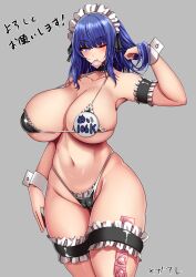 Rule 34 | 1girl, ar (lover boy), arm strap, bare shoulders, bikini, black bikini, black choker, blue eyes, blue hair, blush, breasts, cameltoe, check copyright, choker, cleavage, cleft of venus, collarbone, condom, condom in mouth, condom wrapper, copyright request, cowboy shot, frilled bikini, frills, grey background, hand in own hair, highres, large breasts, looking at viewer, maid headdress, medium hair, mouth hold, navel, one eye closed, original, sideboob, simple background, sleeves past wrists, solo, stomach, swimsuit, thigh strap, translation request, underboob, white headwear