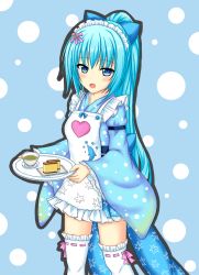 Rule 34 | 1girl, :o, apron, blue bow, blue eyes, blue hair, blue kimono, blush, bow, cup, dolphin print, flower, flower knight girl, hair bow, hair flower, hair ornament, holding, holding plate, japanese clothes, kimono, long hair, looking at viewer, mun (gunma), nerine (flower knight girl), open mouth, plate, polka dot, polka dot background, ponytail, simple background, solo, tea, teacup, thighhighs, very long hair, white thighhighs, wide sleeves