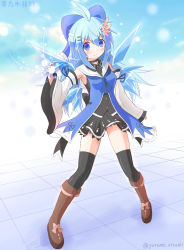 Rule 34 | &gt;:), 1girl, aged up, alternate costume, alternate hair length, alternate hairstyle, antenna hair, black neckwear, black thighhighs, blue eyes, blue hair, boots, bow, brown footwear, choker, cirno, detached sleeves, hair bow, hair ornament, hair ribbon, hairclip, highres, ice, ice wings, knee boots, long hair, looking at viewer, orb, ribbon, solo, thigh boots, thighhighs, touhou, twitter username, v-shaped eyebrows, wings, yurume atsushi, zettai ryouiki