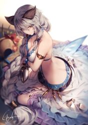 Rule 34 | 1girl, animal ears, armlet, ass, back, backless swimsuit, bare shoulders, belt, braid, breast hold, breasts, butt crack, circle skirt, cleavage, closed mouth, duplicate, erune, genyaky, granblue fantasy, hair between eyes, hair tubes, hat, heles, heles (summer) (granblue fantasy), highres, large breasts, legs, long hair, looking at viewer, lotion bottle, low-tied long hair, one-piece swimsuit, sarong, see-through, see-through skirt, sidelocks, signature, silver hair, single braid, sitting, skirt, smile, solo, sun hat, swimsuit, thighs, wariza, white one-piece swimsuit