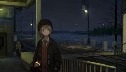 Rule 34 | 1girl, absurdres, bare tree, beanie, blonde hair, blue eyes, cardigan, collared shirt, commentary, hair ornament, hairclip, hat, highres, jacket, lamppost, necktie, night, original, outdoors, railroad crossing, railroad tracks, scenery, shion (mirudakemann), shirt, solo, train station, tree, white shirt