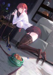Rule 34 | 1girl, bent over, black footwear, black garter straps, bowl, breasts, brown skirt, brown thighhighs, chainsaw man, flower, from side, full body, garter straps, highres, holding, holding leash, indoors, large breasts, leash, long sleeves, looking at viewer, makima (chainsaw man), pet bowl, purple flower, red hair, sansan (dongfangzhong111), shirt, shirt tucked in, skirt, solo, thighhighs, white shirt, yellow eyes, zettai ryouiki