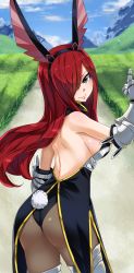 Rule 34 | 1girl, absurdres, animal ears, blush, breasts, brown eyes, erza scarlet, fairy tail, fake animal ears, highres, large breasts, leotard, long hair, looking at viewer, parted lips, planeptune, playboy bunny, rabbit ears, red hair